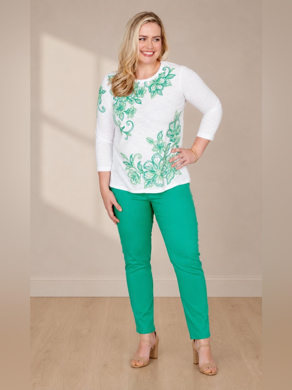 Alfred Dunner White Top with Green Floral Embroidery